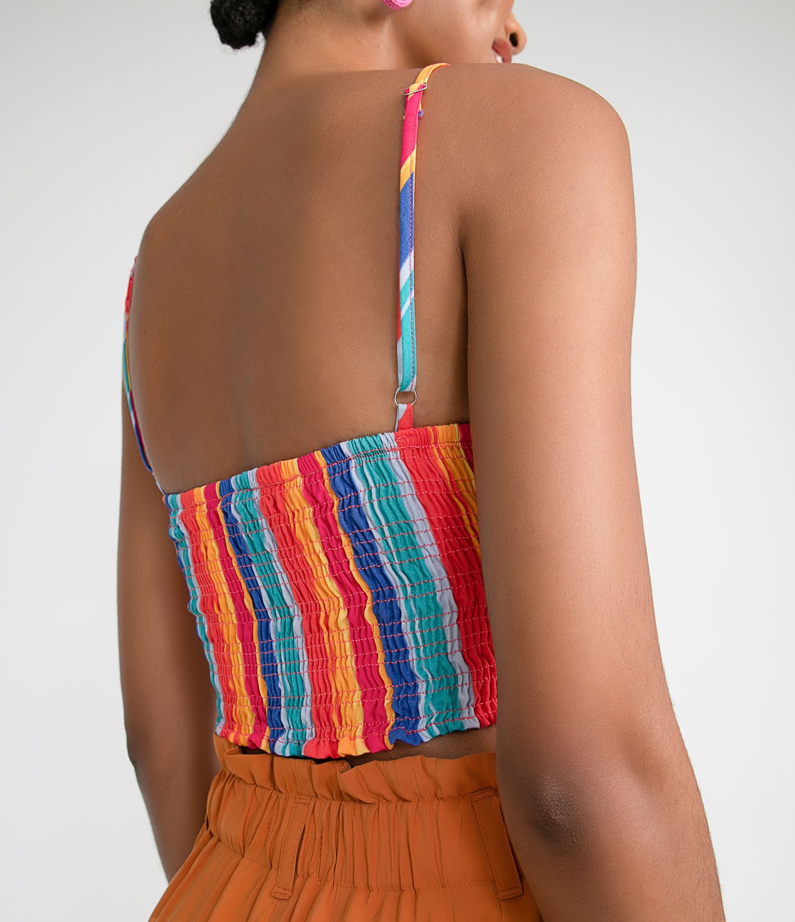 Blusa Super Cropped em Viscose Listrada com Amarração no Decote Multicores 4