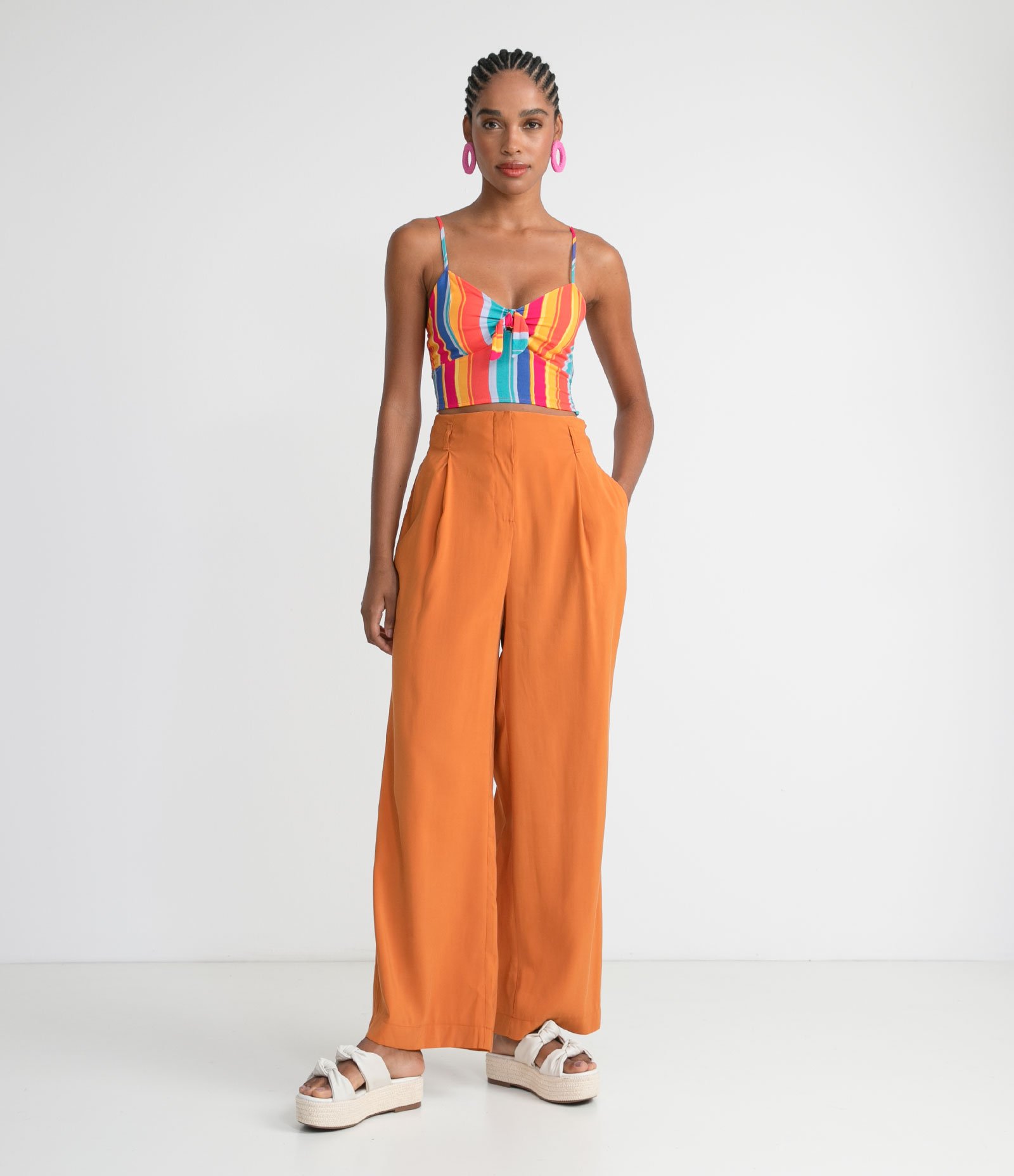 Blusa Super Cropped em Viscose Listrada com Amarração no Decote Multicores 5