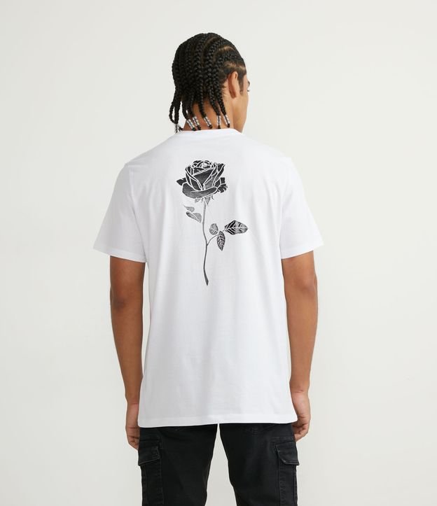 Remera Manga Corta en Algodón con Estampado en Lettering y Rosa em la Espalda Blanco 3