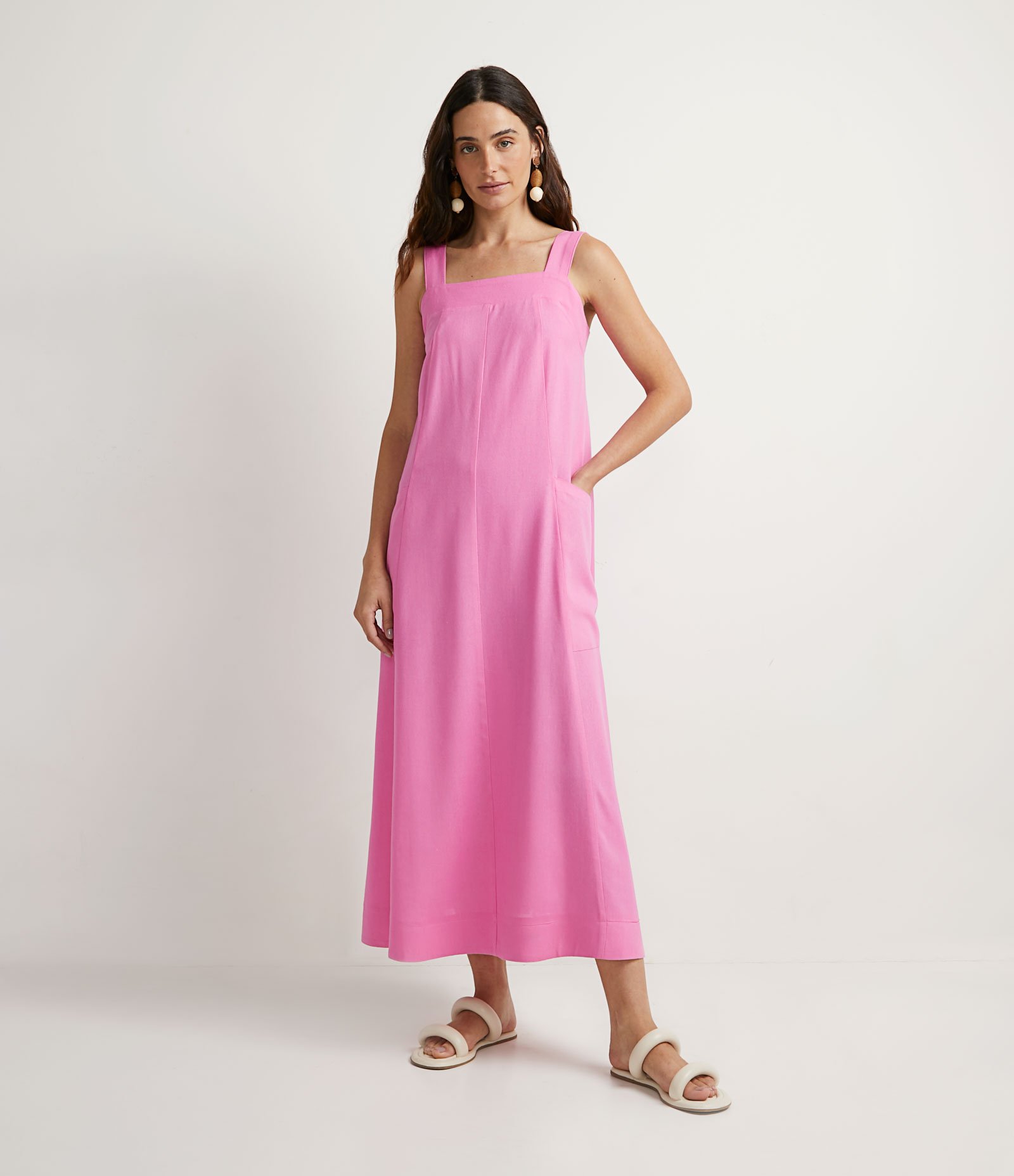 Vestido Midi em Tricoline com Alças Largas e Bolsos Frontais Rosa 1