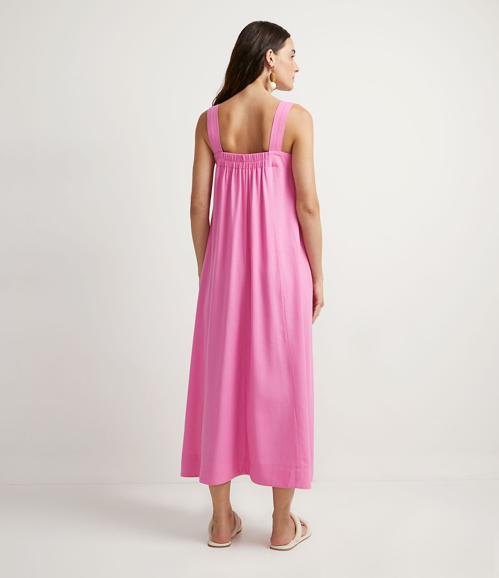 Vestido Midi em Tricoline com Alças Largas e Bolsos Frontais Rosa 2
