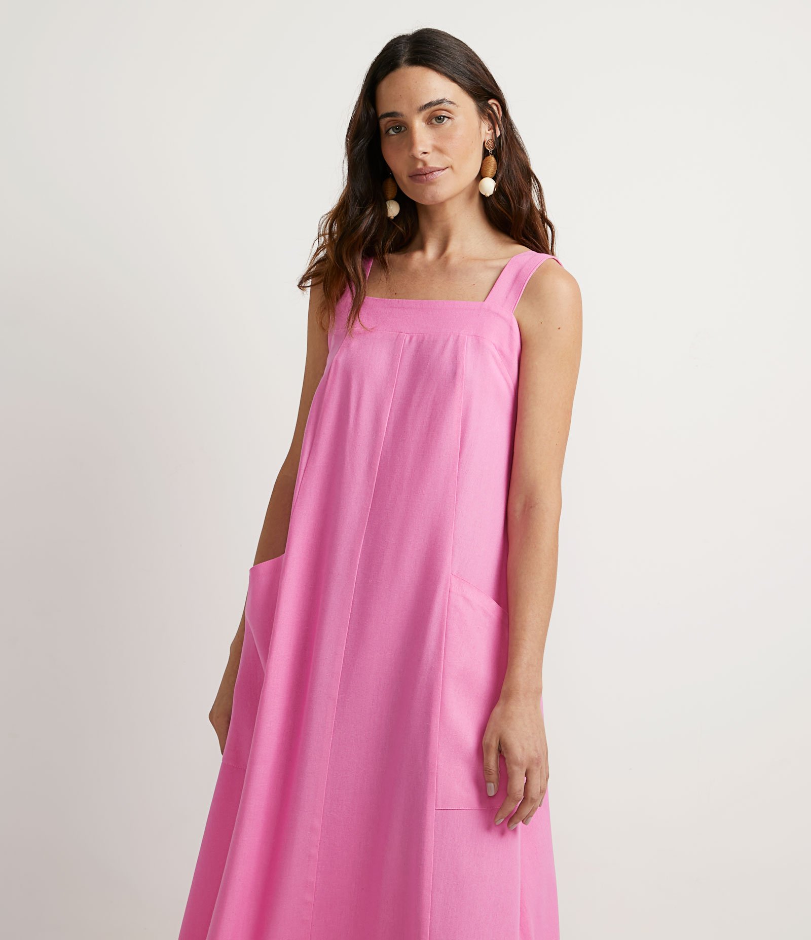 Vestido Midi em Tricoline com Alças Largas e Bolsos Frontais Rosa 3