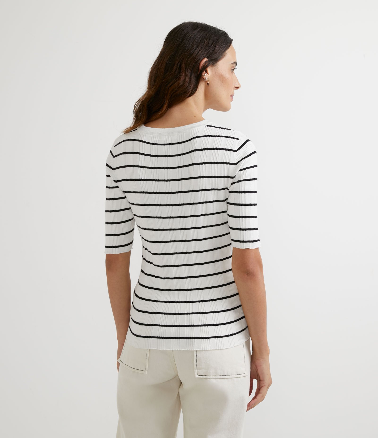 Blusa em Tricô com Manga Curta Listrada Branco 2
