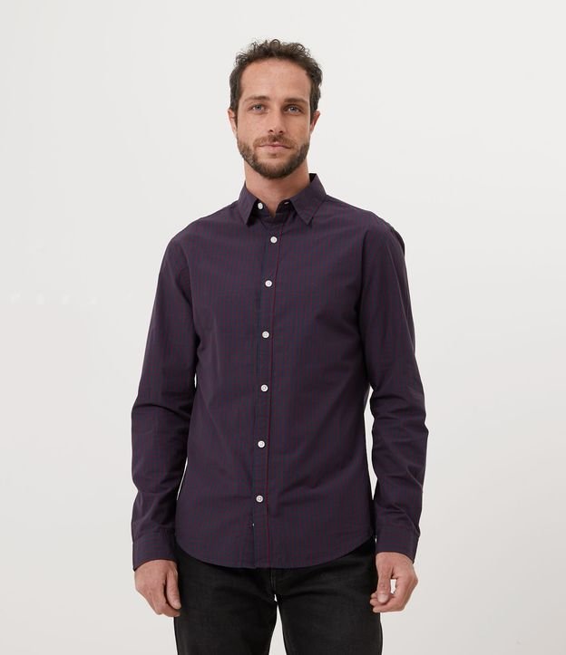 Camisa Slim en Algodón Estampado de Cuadros Manga Larga Azul 1