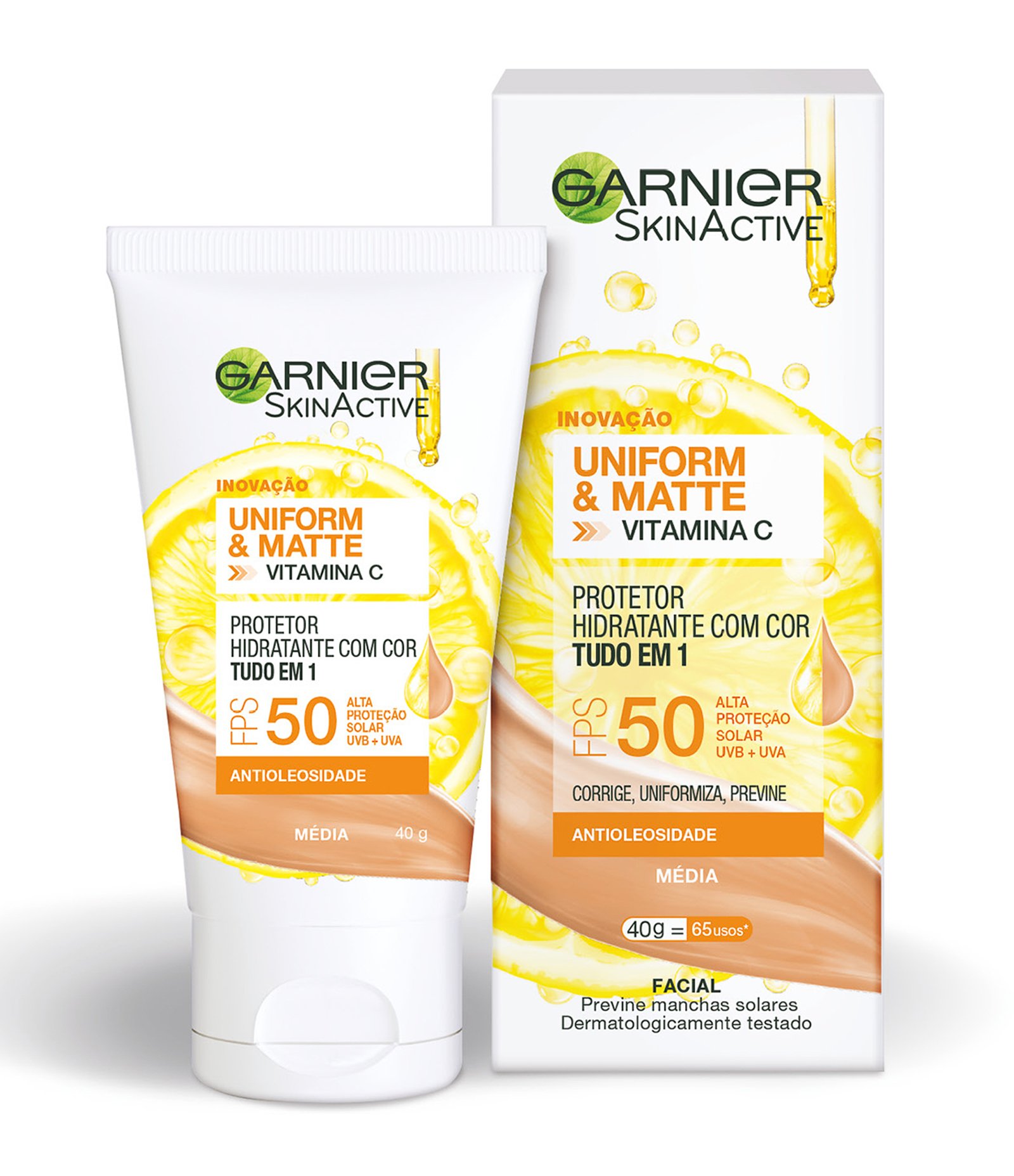 Protetor Hidratante Facial Garnier Uniform & Matte Vitamina C FPS 50 Cor Média, 40g 40g 1