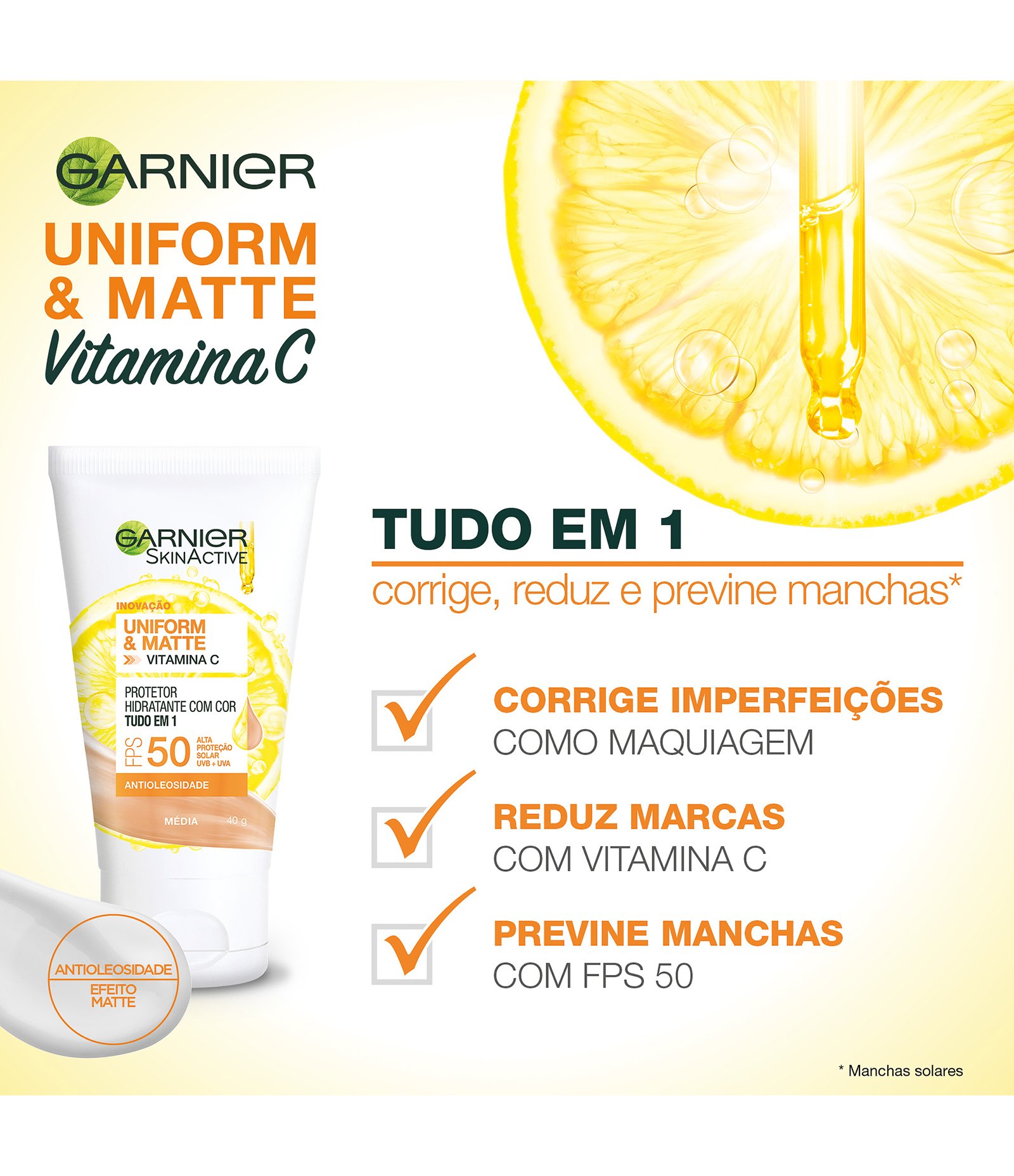 Protetor Hidratante Facial Garnier Uniform & Matte Vitamina C FPS 50 Cor Média, 40g 40g 3