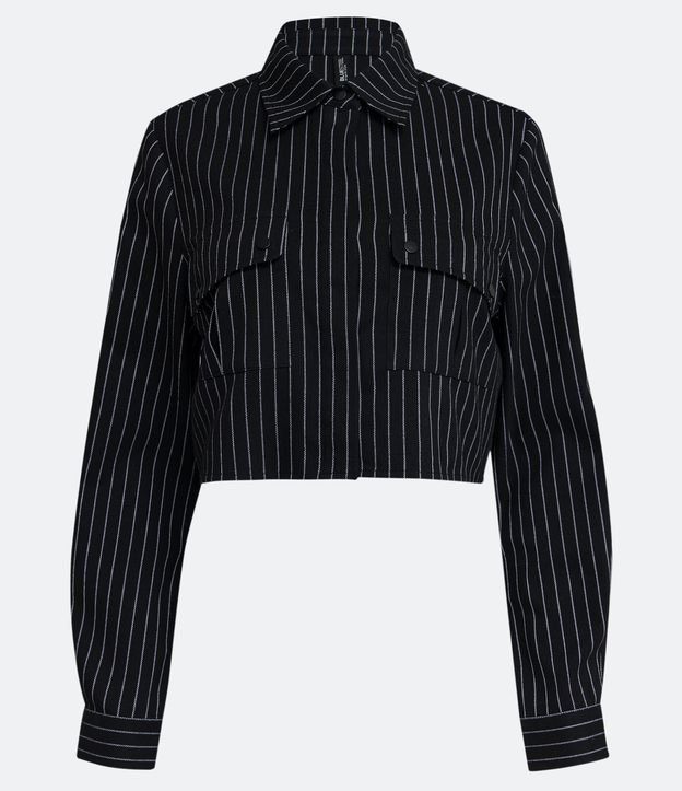 Camisa Cropped Sastrería con Rayas de Tiza Negro 7