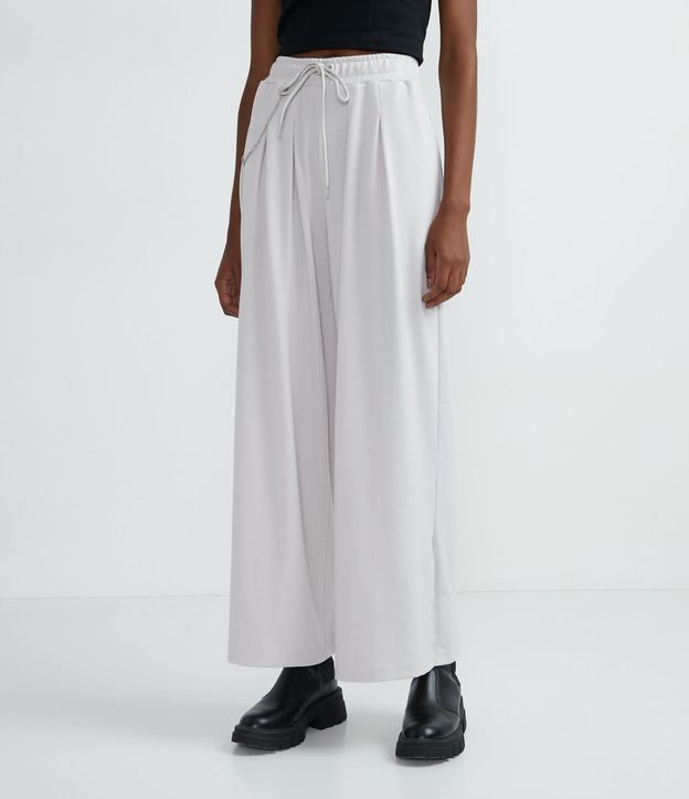 Pantalón Pantalona en Algodón con Pliegas y Cadenas Beige 1