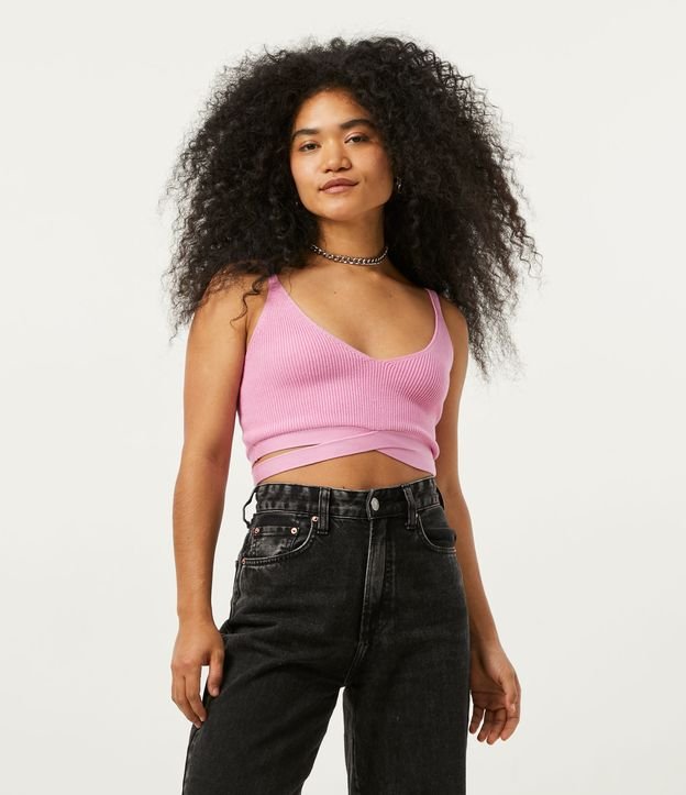 Blusa Regata Cropped em Tricô Barra Diferenciada Rosa