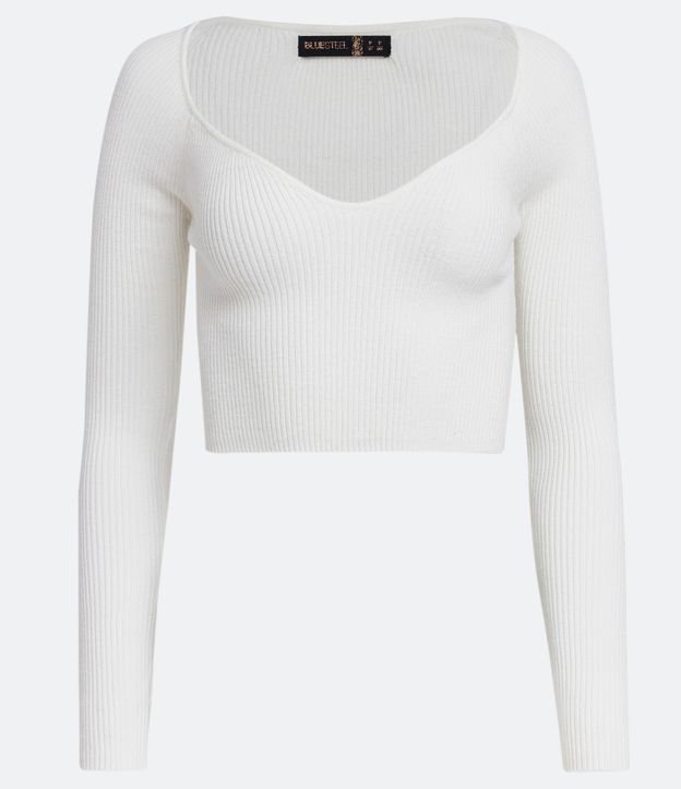 Blusa Corta de Punto Acanalado con Manga Larga Blanco 4