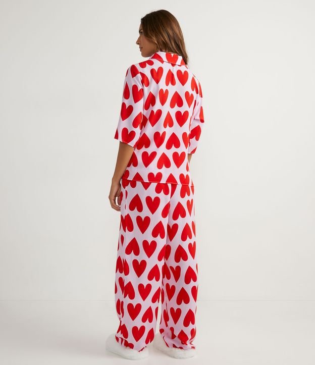 Pijama Americano Largo en Viscosa con Estampado de Corazones Rojo 3