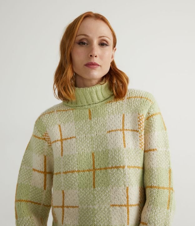 Buzo en Tejido de Punto con Cuello Alto en Jacquard Cuadrillé Verde 4