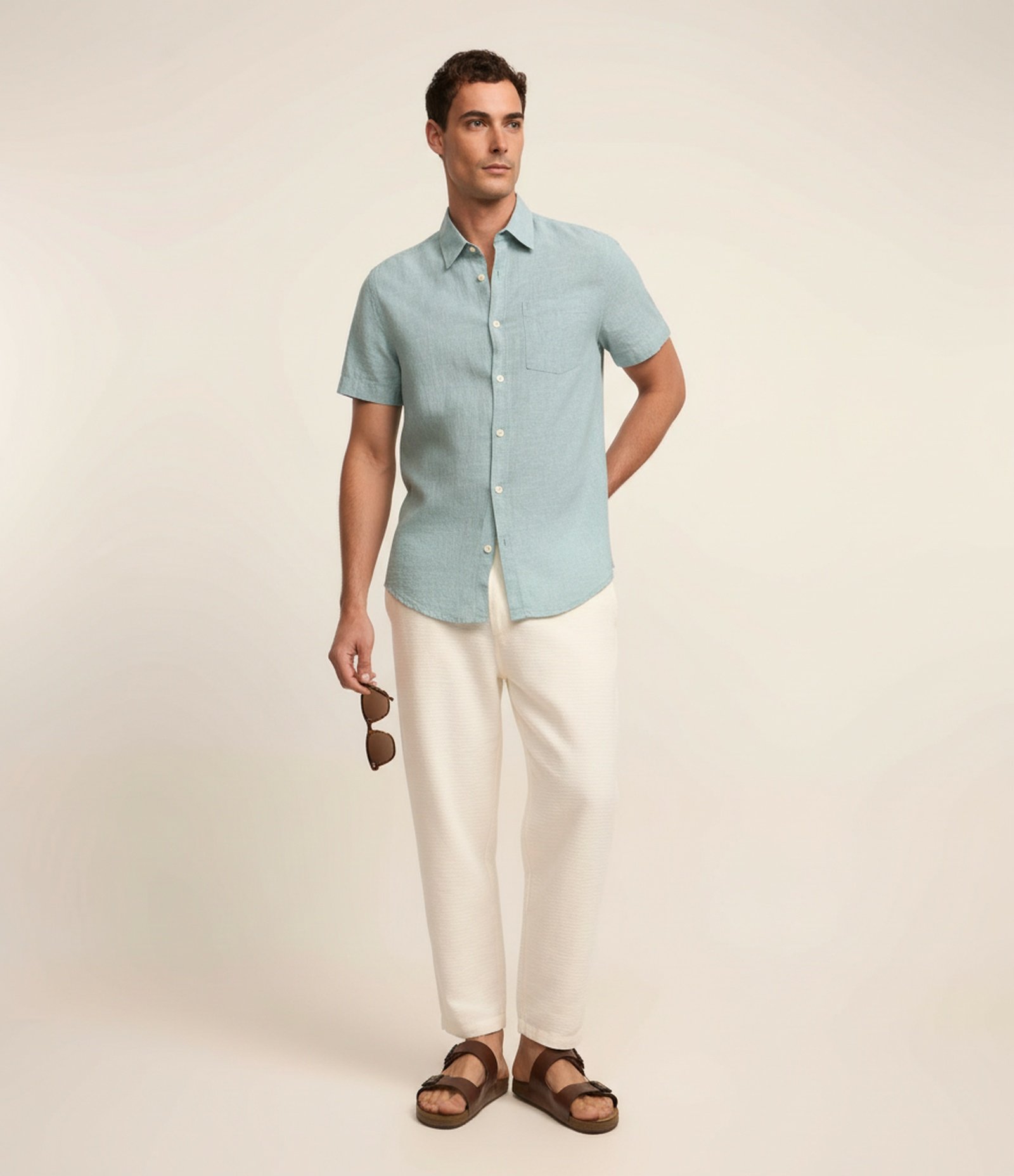 Camisa Comfort Básica em Linho com Bolso Frontal Verde Claro 1