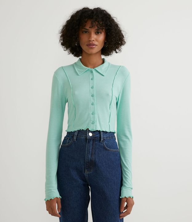 Blusa Em Ribana Gola Polo E Manga Longa Verde