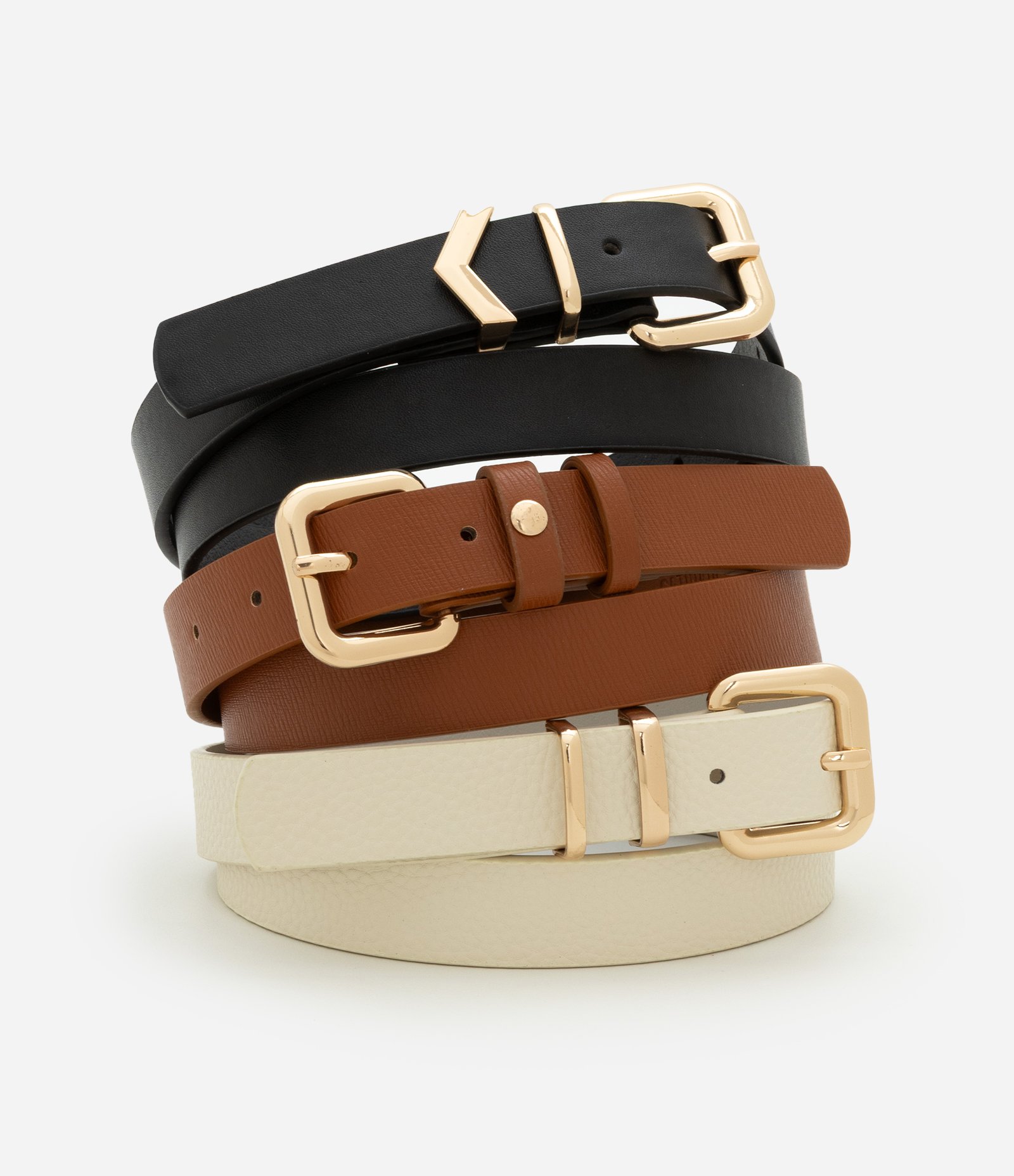 Kit 03 Cintos com Passante Metal em V Marrom/Preto/Off White 1