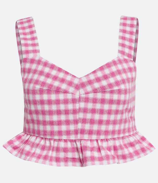 Blusa Musculosa Cropped en Lino de Cuadros Pied-de-Poule Rosado 7