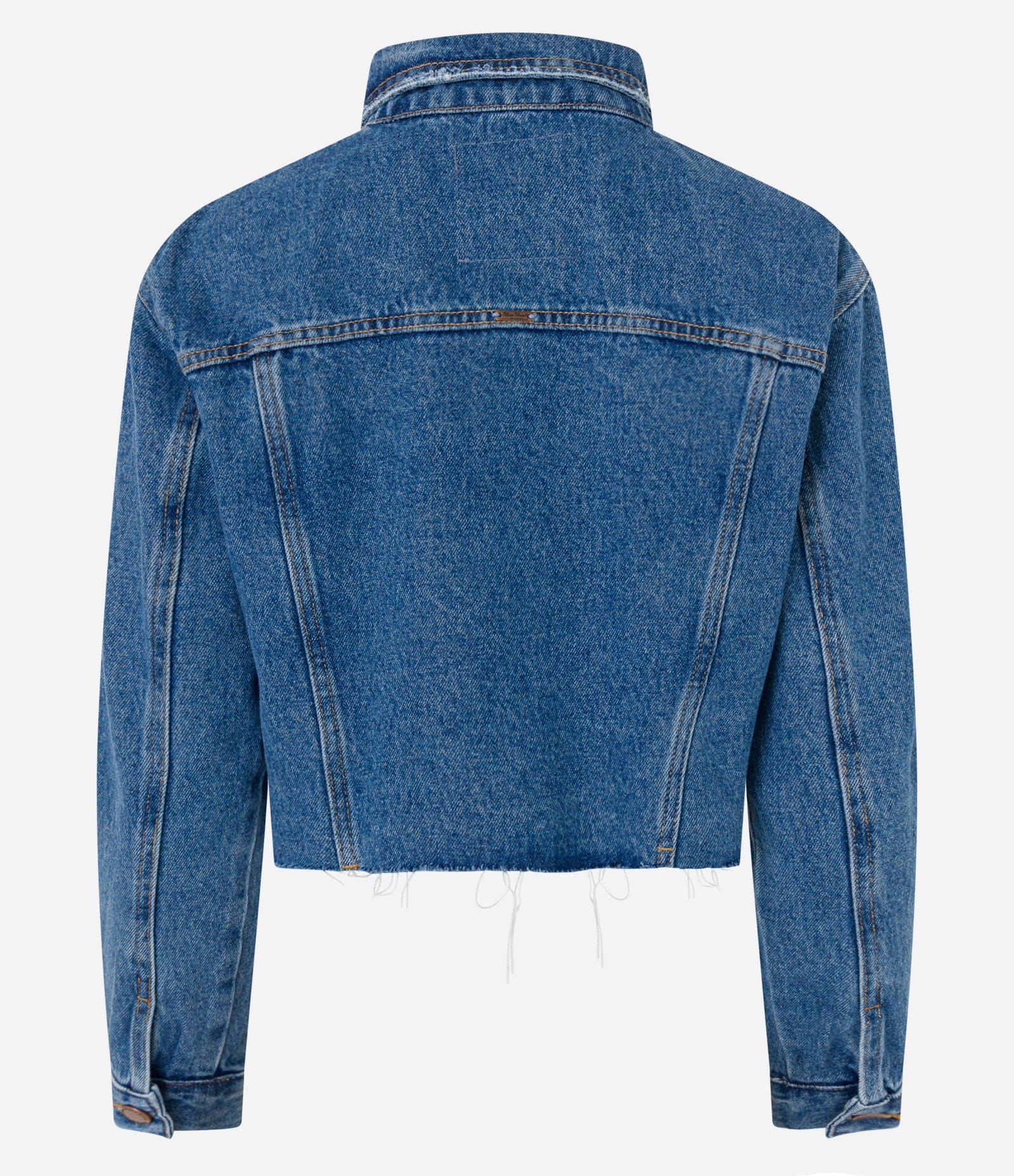 Jaqueta Cropped Jeans com Bolsos e Barra Corte a Fio Azul 6