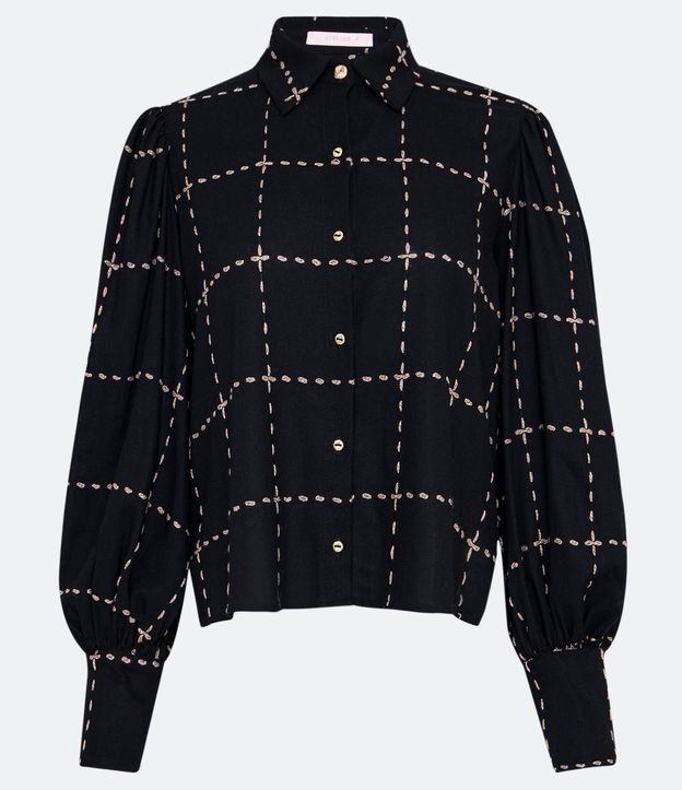 Camisa en Lino Estampada con Manga Abullonada Negro 8