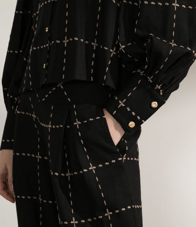 Camisa en Lino Estampada con Manga Abullonada Negro 5