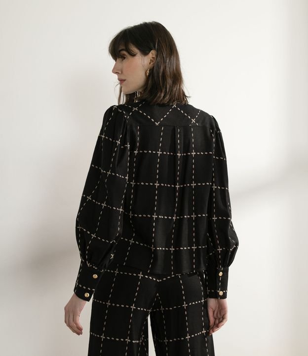 Camisa en Lino Estampada con Manga Abullonada Negro 6