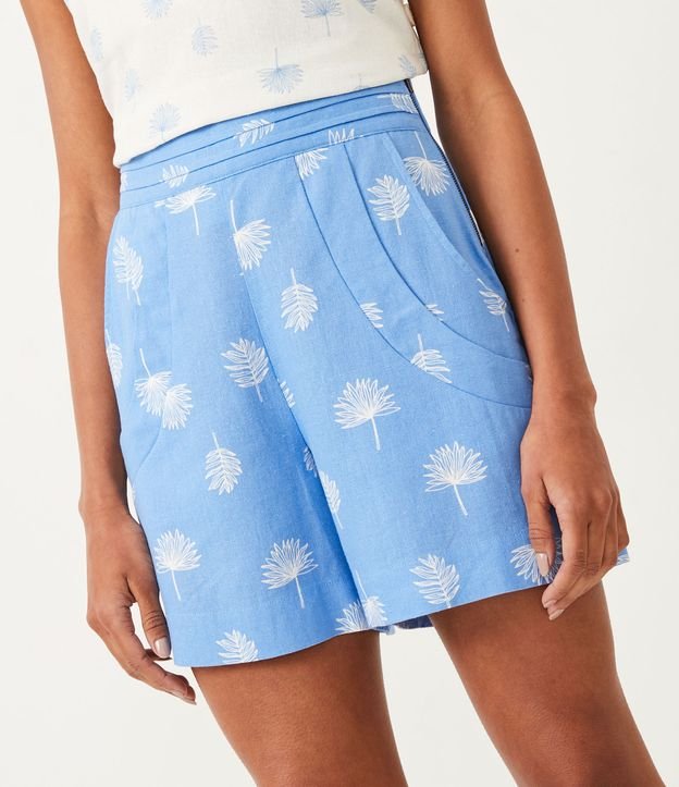 Short en Viscolino con Pliegues no cintura y Estampado de Follaje Azul 3