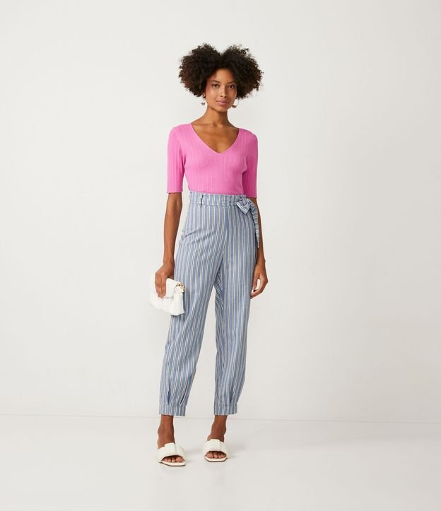 Blusa de Punto Acanalado con Escote V y Manga Corta Rosado 3