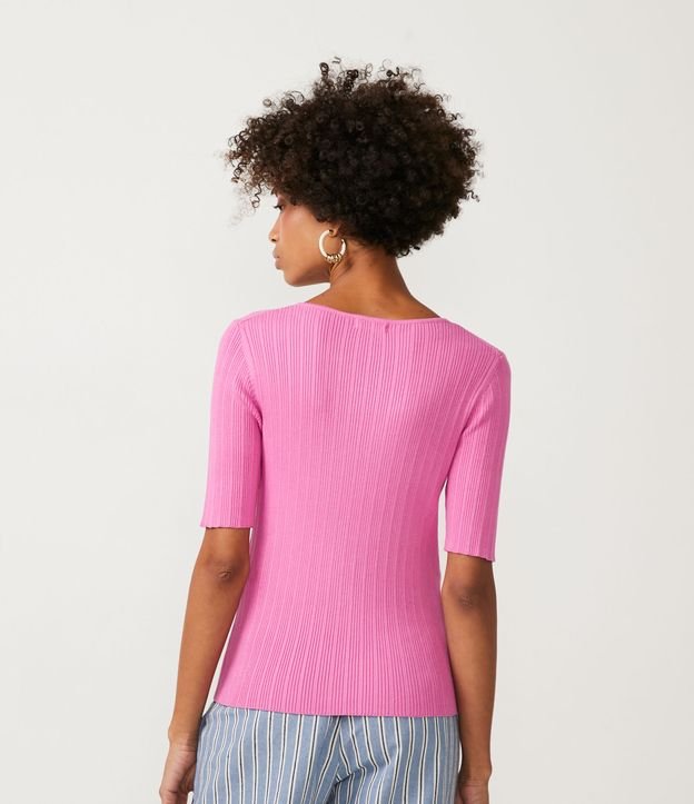 Blusa de Punto Acanalado con Escote V y Manga Corta Rosado 4
