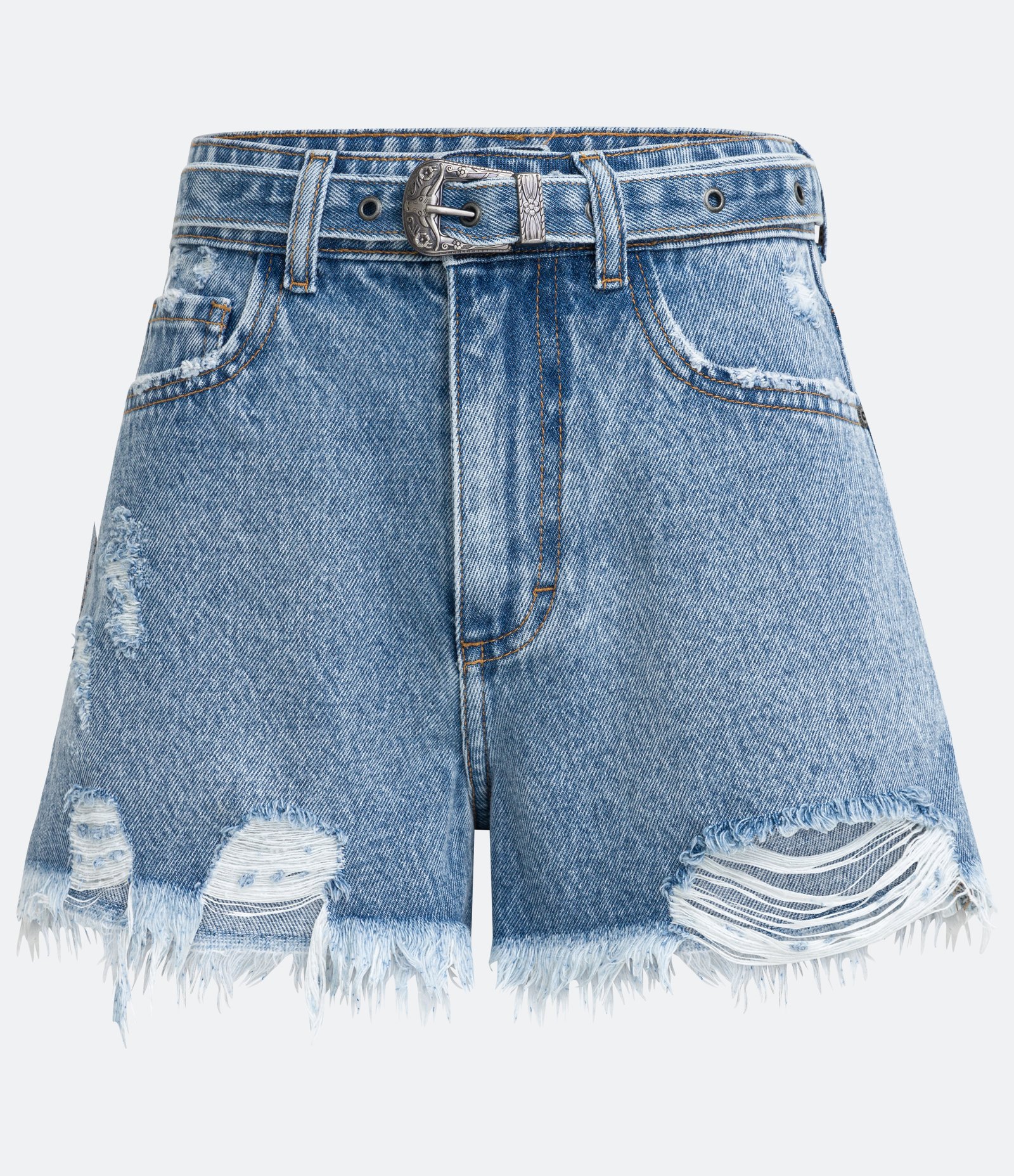 Short Cintura Alta Jeans com Puídos e Cinto com Fivela Azul 1