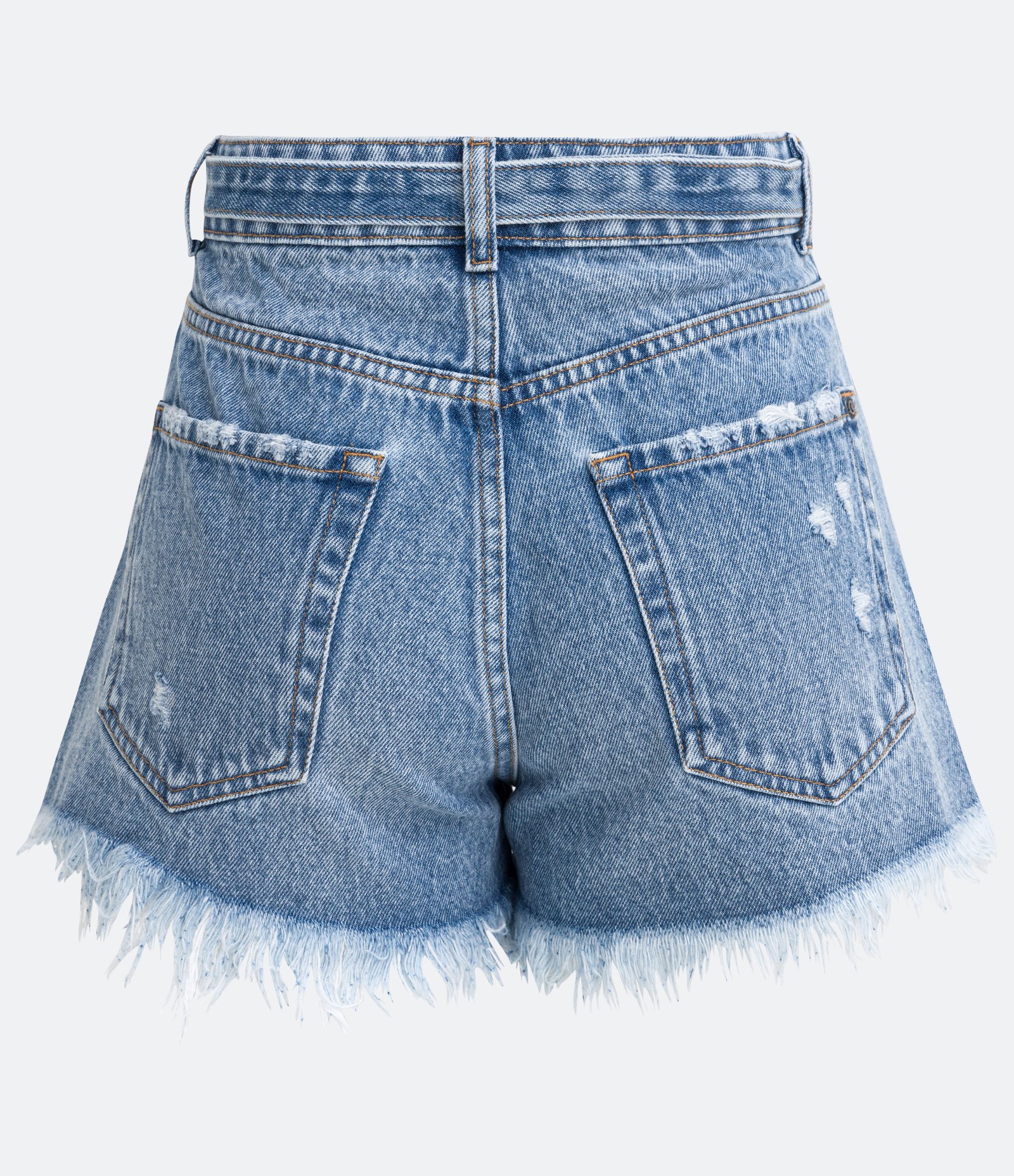 Short Cintura Alta Jeans com Puídos e Cinto com Fivela Azul 2