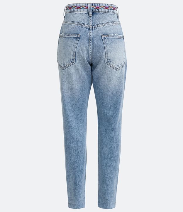 Pantalón Mom Jeans con Cinturón de Cordón y Barra Acortada a Hilo Azul 9