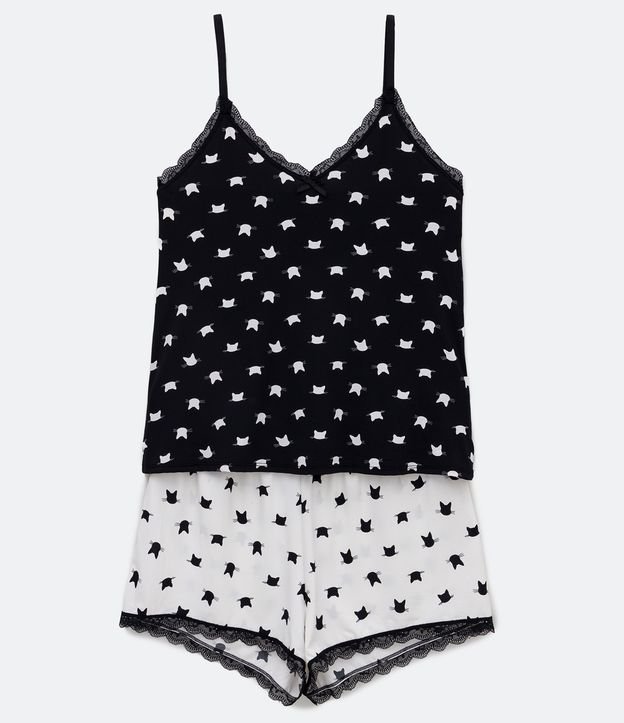 Pijama Short Doll Tirante Fino en Microfibra con Estampado Gatitos Negro 5