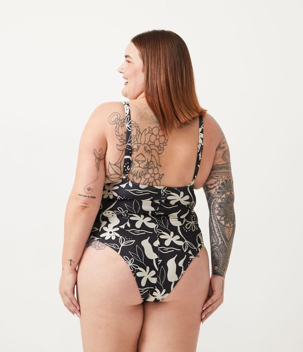 Mai Em Poliamida Estampa Floral E Decote V Curve Plus Size Preto