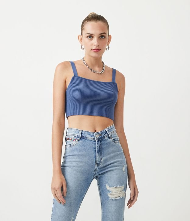 Blusa Musculosa Cropped En Viscosa Acanalada Azul