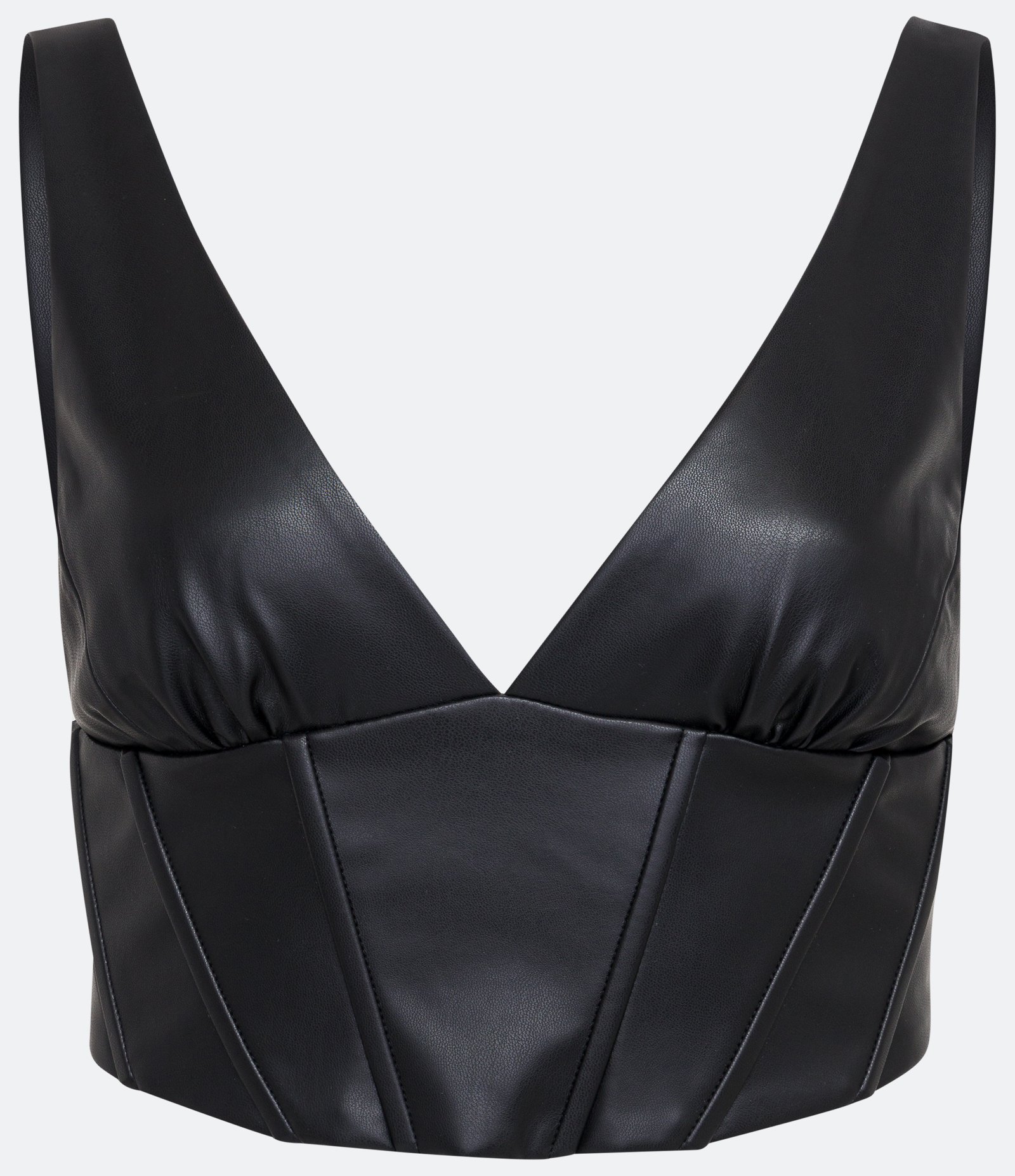 Blusa Cropped Sem Manga em Material Sintético com Recortes Preto 5