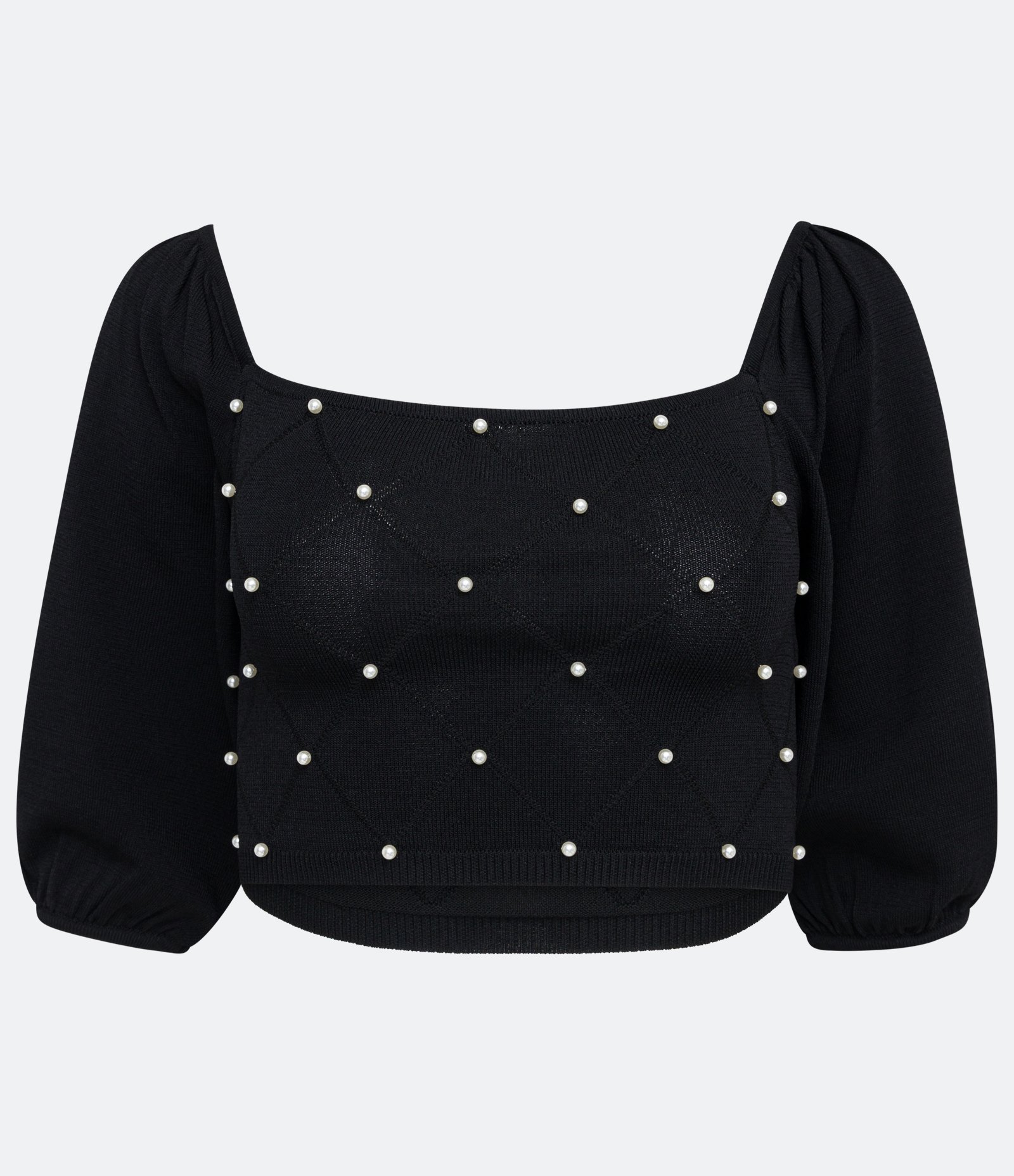 Blusa em Tricô com Pérolas Bordadas e Manga Bufante Preto 5