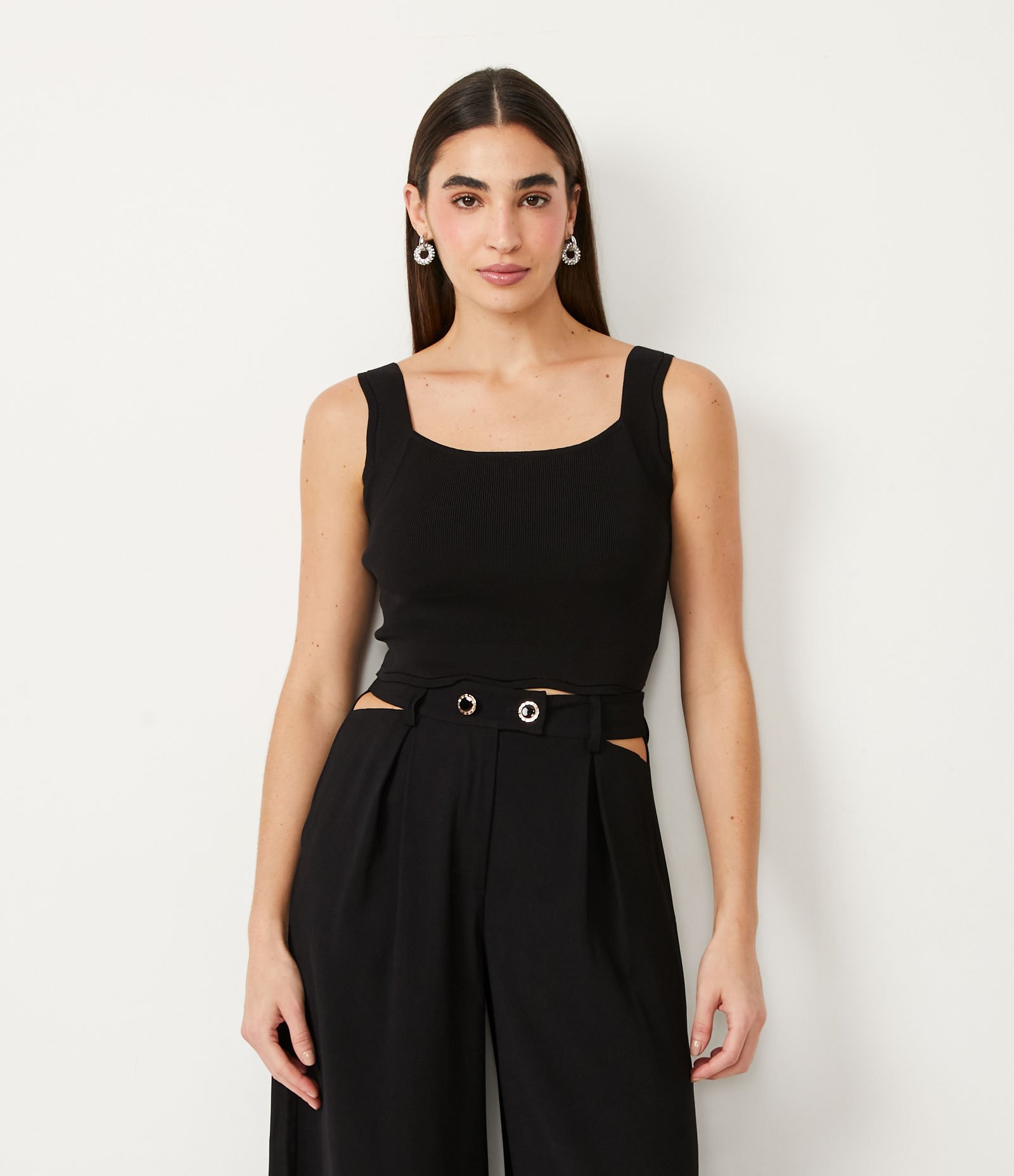 Blusa de Alça em Tricô com Ondulação Preto 1