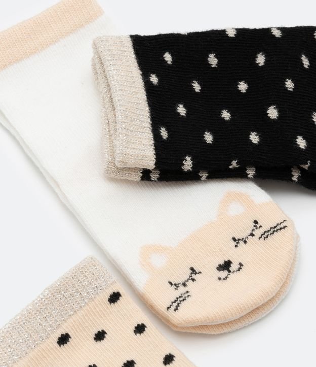 Kit 03 Pares de Medias Infantil con Estampado de Lunares y Gatito - Talle 0 A 18 Meses Beige/Blanco/Negro 4