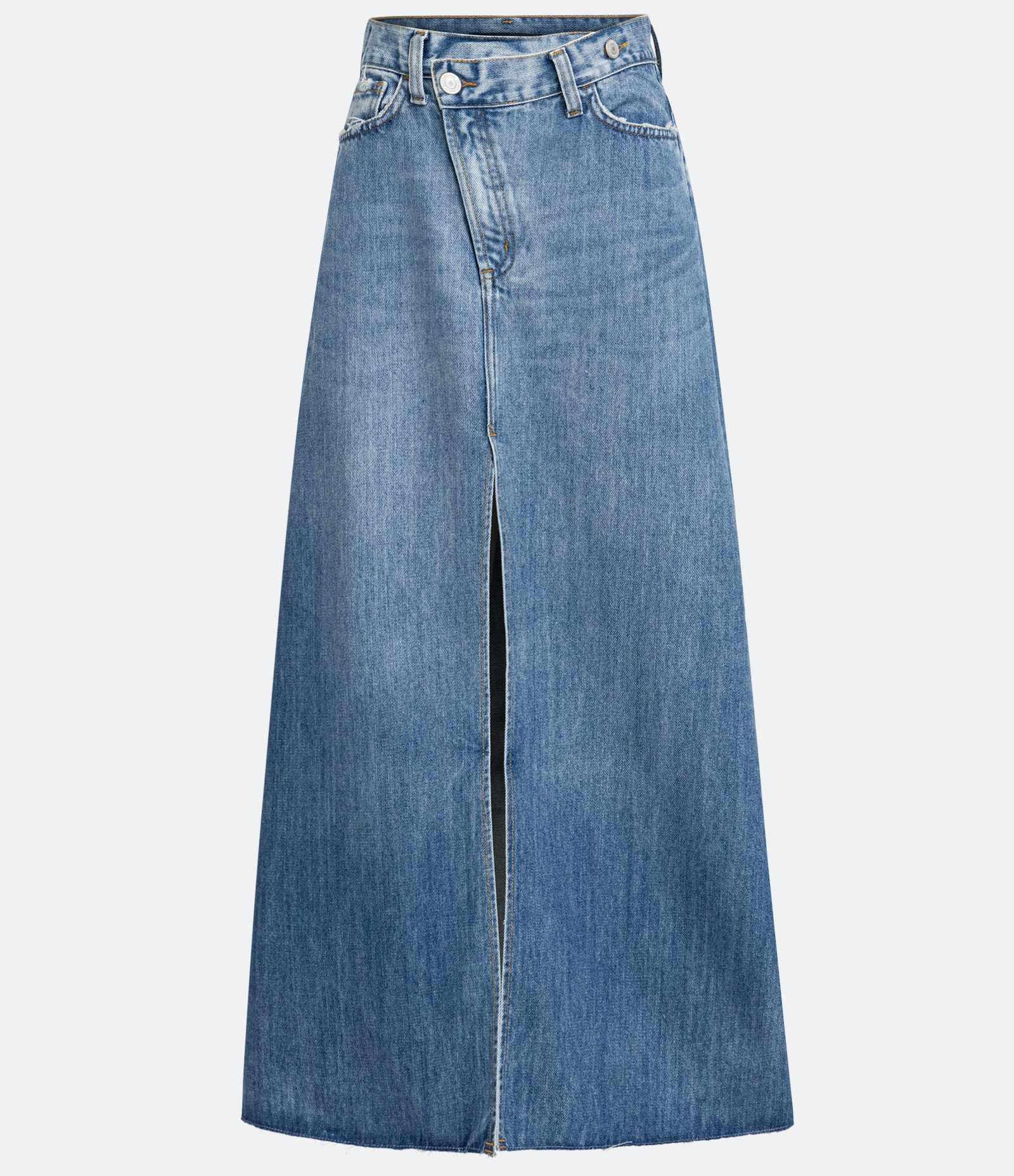 Saia Longa Jeans com Vista Deslocada e Fenda Frontal Azul 6