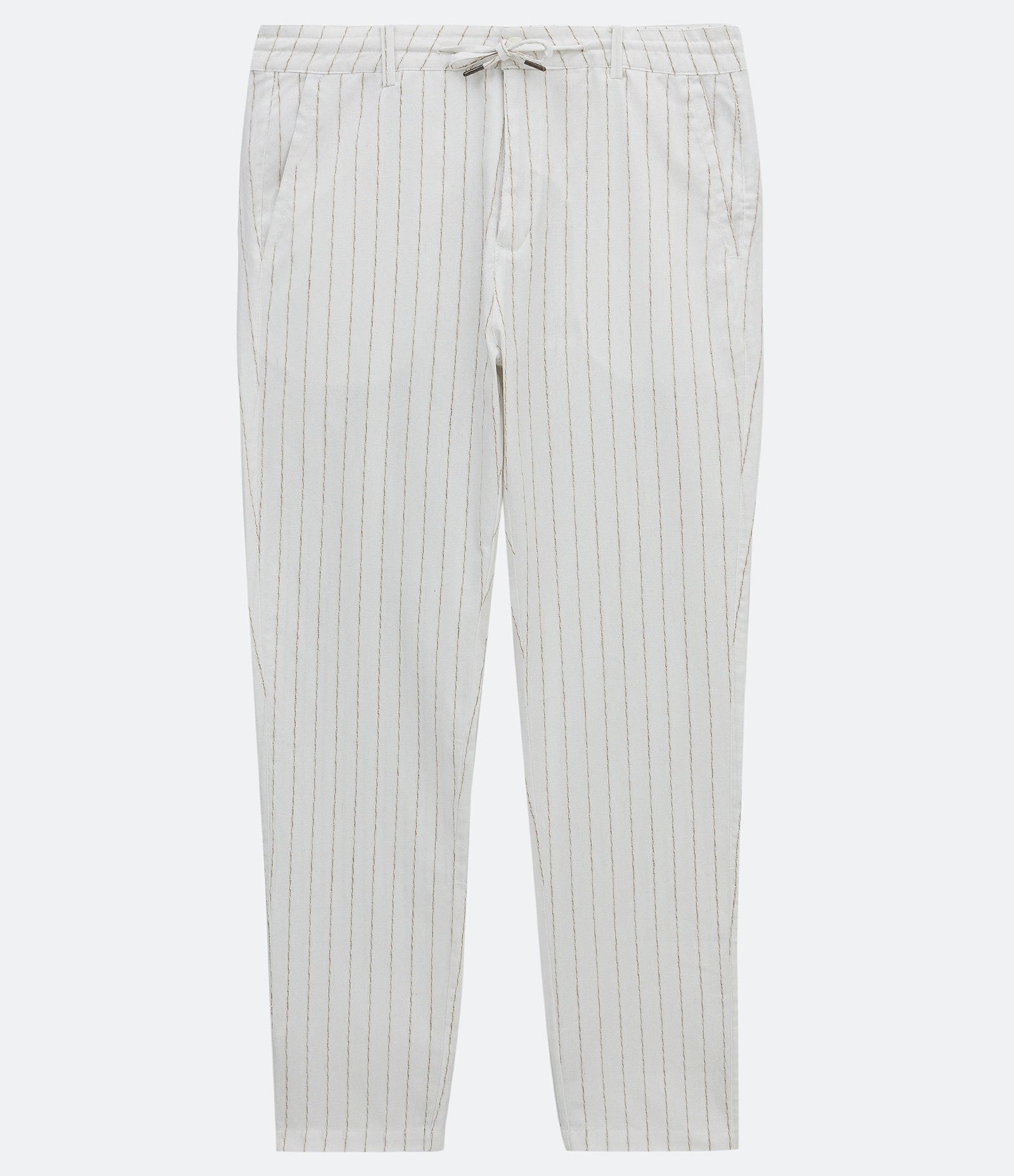 Calça Slim em Linho com Listras e Amarração Branco 6