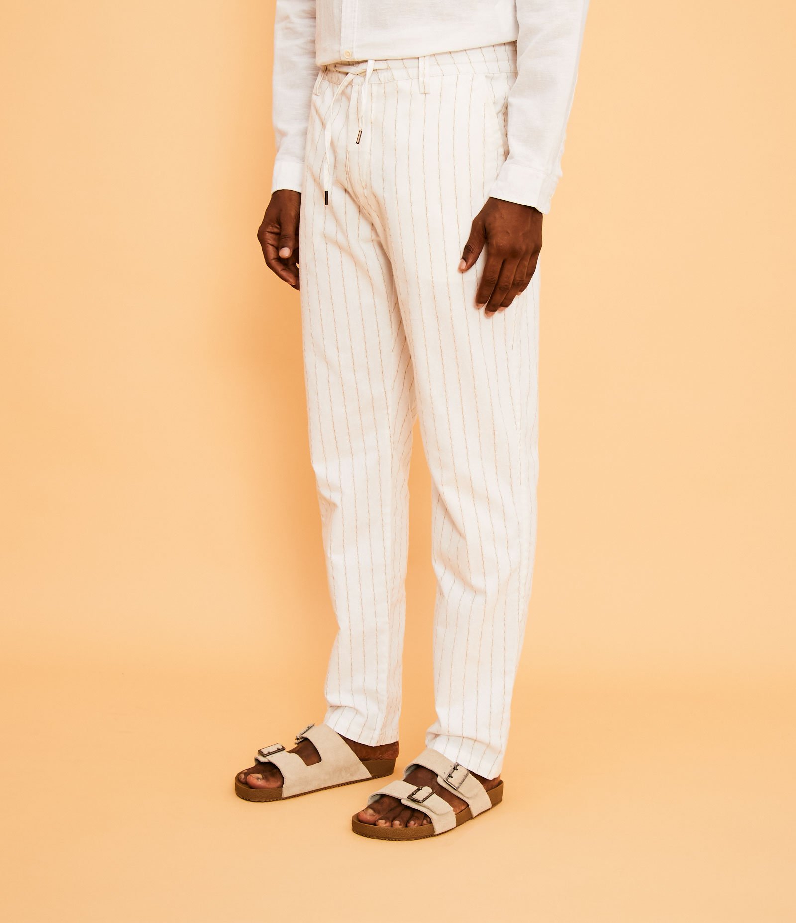 Calça Slim em Linho com Listras e Amarração Branco 2