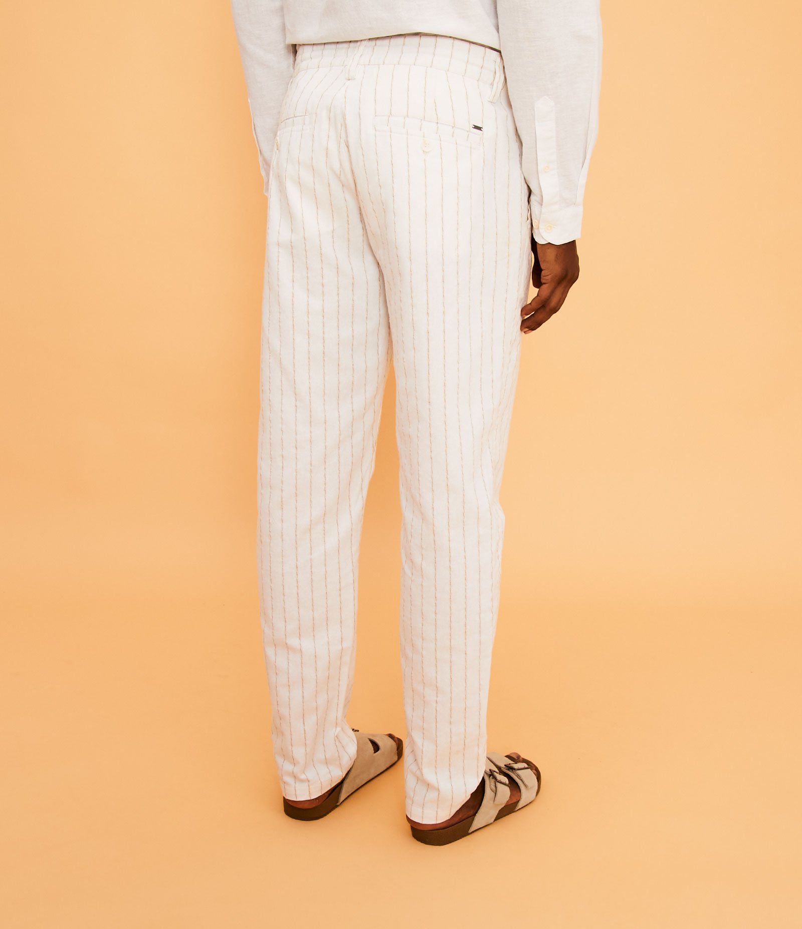Calça Slim em Linho com Listras e Amarração Branco 3
