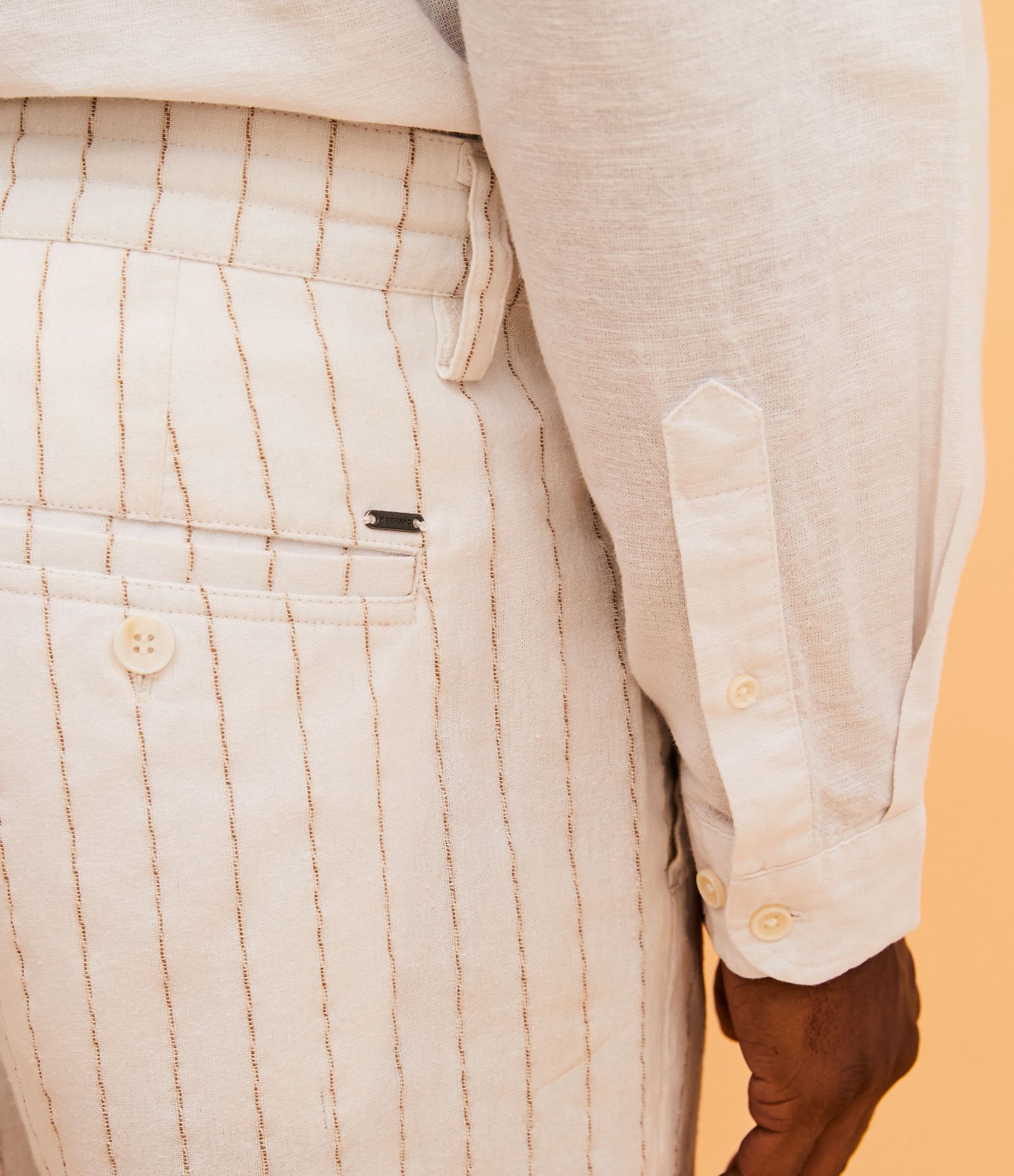Calça Slim em Linho com Listras e Amarração Branco 5