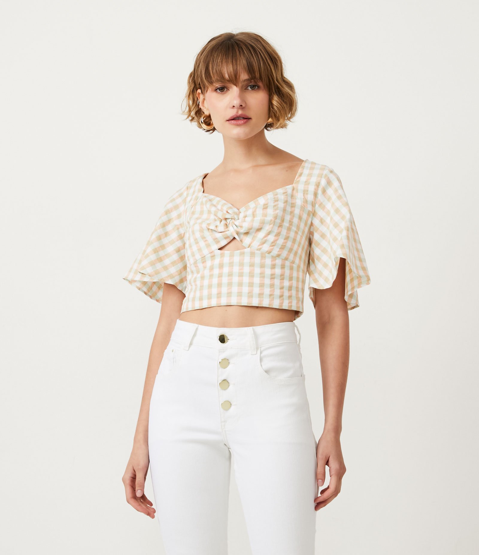 Blusa Cropped em Algodão com Decote Coração e Recorte Vazado Verde/Laranja 1