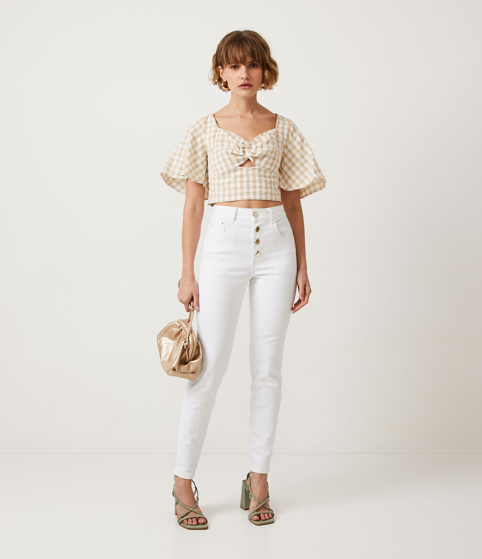 Blusa Cropped em Algodão com Decote Coração e Recorte Vazado Verde/Laranja 2