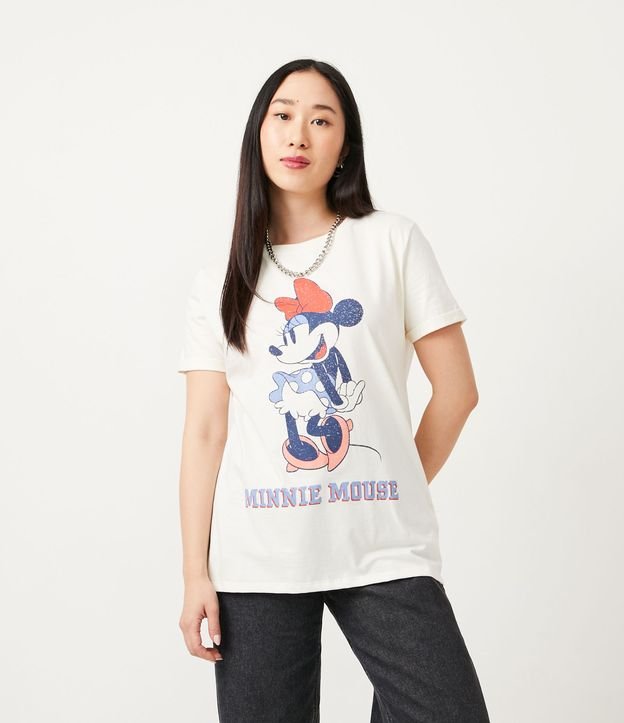 Blusa Alargada en Media Malla con Manga Corta y Estampado Minnie Mouse Beige 1