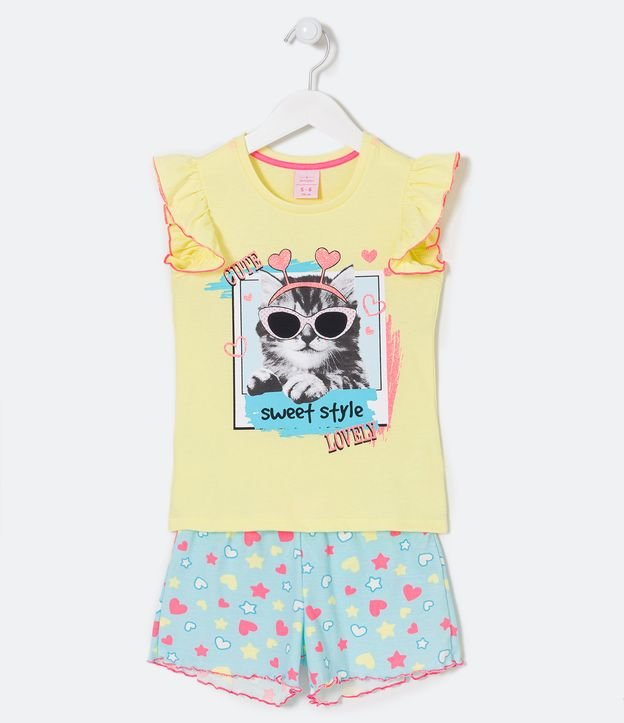 Pijama Corto Infantil con Estampado de Gatito - Talle 5 a 14 años Amarillo 1