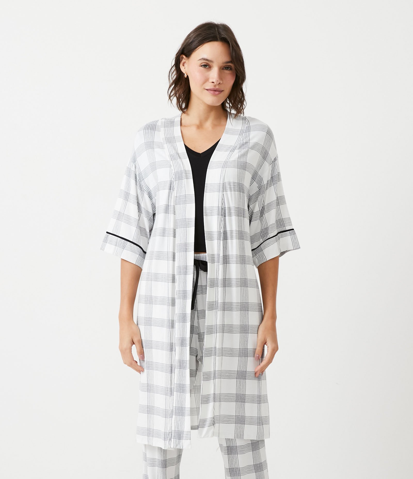 Robe Curto em Viscolycra com Estampa Xadrez Branco/Preto 3