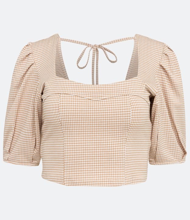 Blusa en Viscosa Cuadrillé Vichy con Manga Abullonada Beige 6