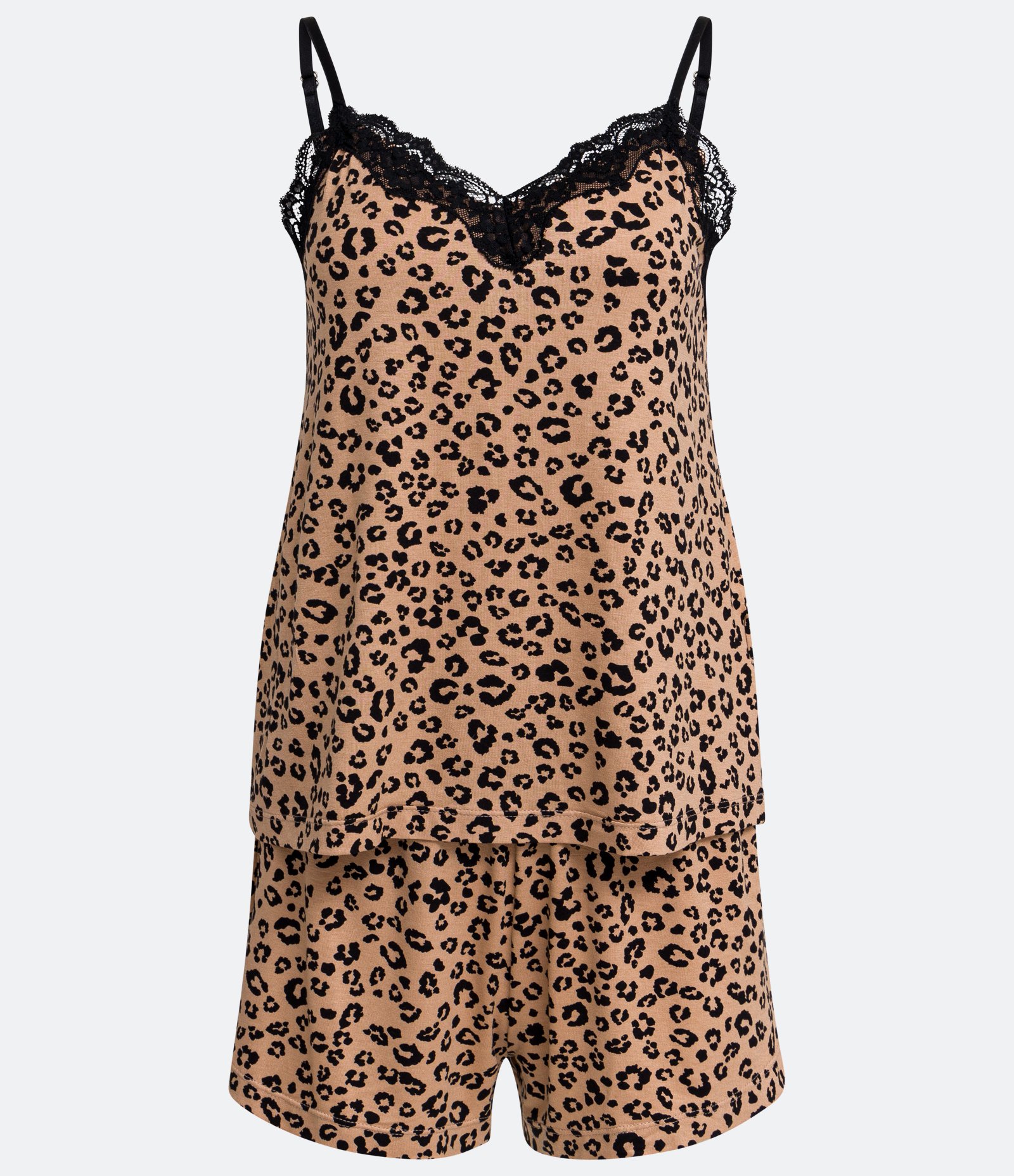 Pijama Short Doll em Meia Malha com Estampa Animal Print Onça e Rendinha Marrom 4