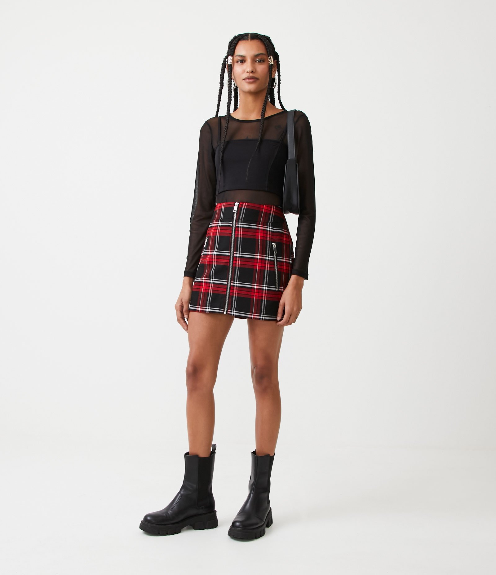 Saia Curta Xadrez com Bolsos com Zíper Vermelho 1